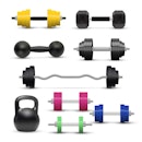 Realistic dumbbell and kettlebell isolated on white background. Gym weight equipment with barbell an...