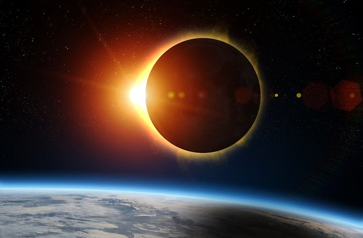 Solar Eclipse and Earth. Solar eclipse, mysterious natural phenomenon when Moon passes between plane...