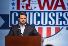 Chairman of the Iowa Democratic Party Troy Price addresses the media about the results of the Iowa c...
