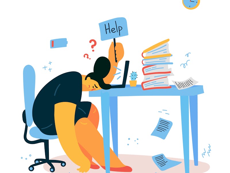 Emotional burnout woman sitting at her working place with computer in office and holds the sign Help...