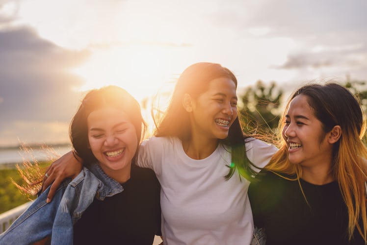 Concept of female friendship.portrait funny joyful attarctive Girls group having fun, smiling, lovel...