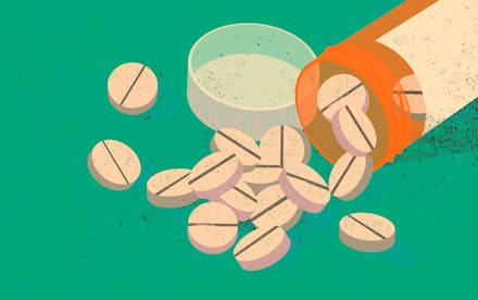 The opioid epidemic. American people deadly addiction. Orange opioid pill bottle. 
