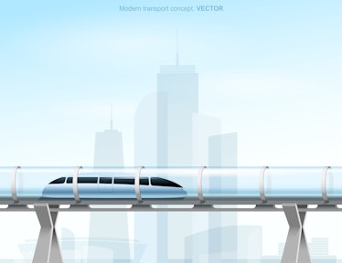 Futuristic concept of magnetic levitation train moving on the skyway in a vacuum tunnel across the c...