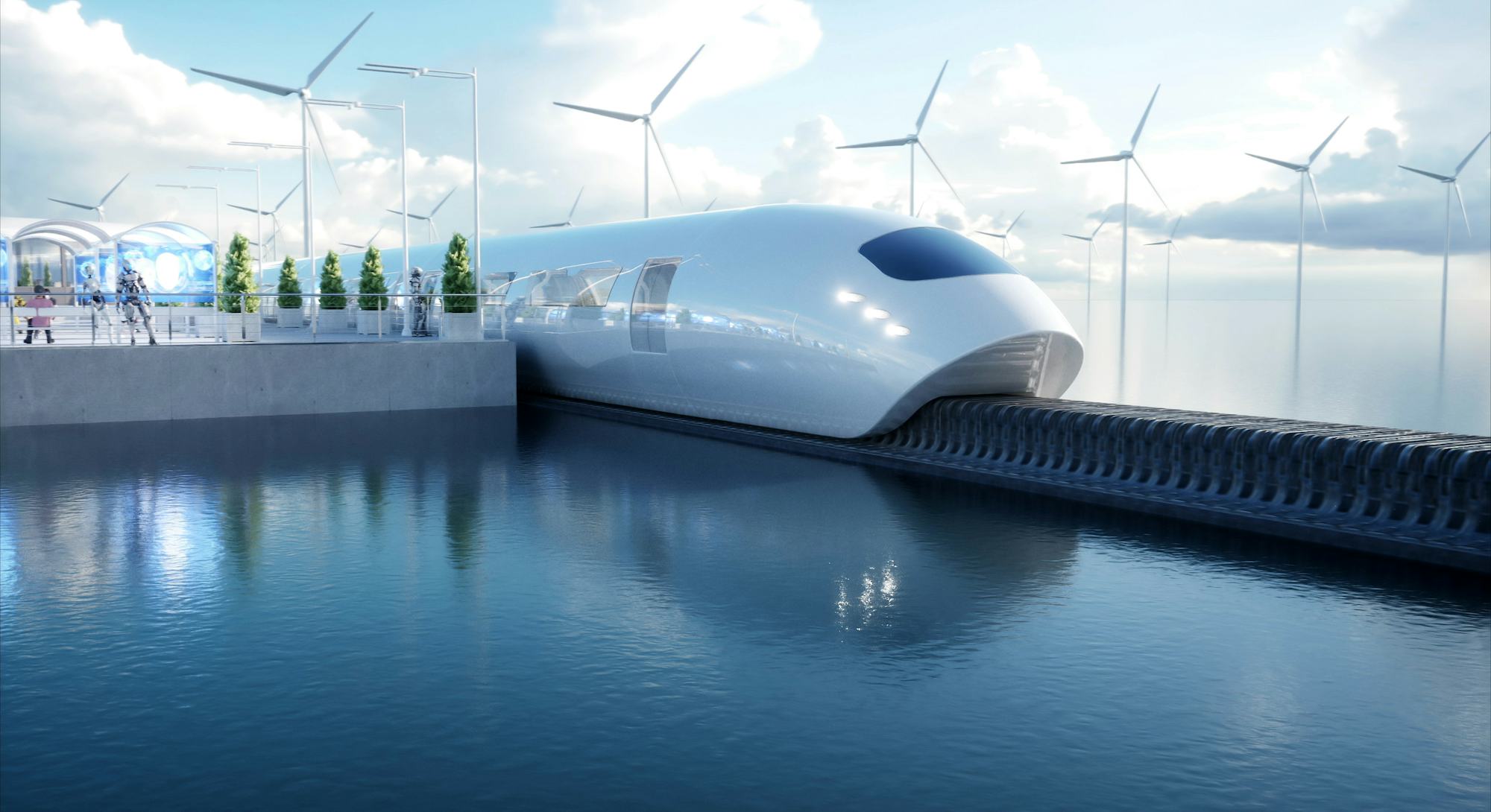 speedly Futuristic monorail train. Sci fi station. Concept of future. People and robots. Water and w...