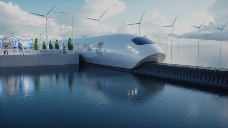 speedly Futuristic monorail train. Sci fi station. Concept of future. People and robots. Water and w...