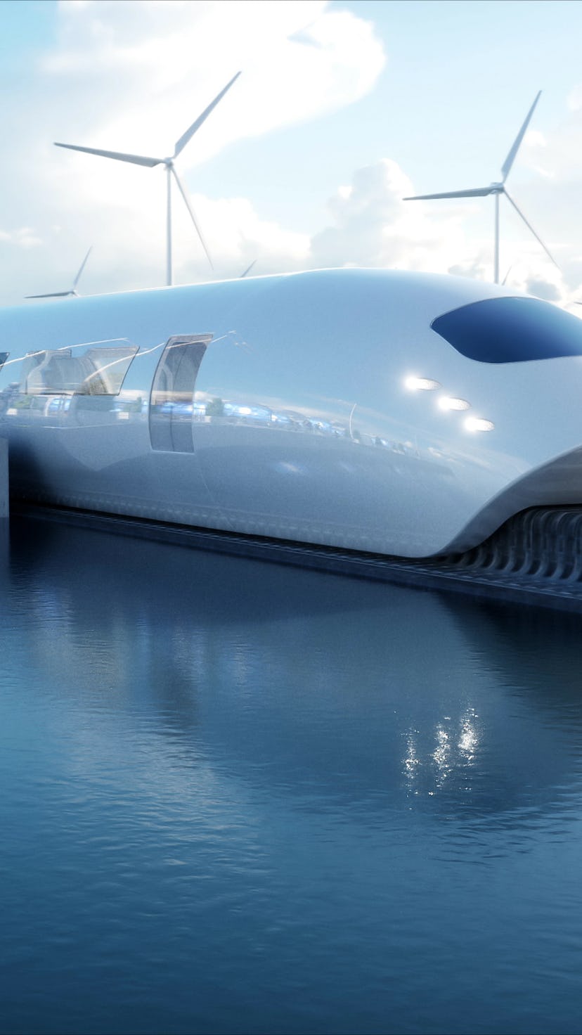 speedly Futuristic monorail train. Sci fi station. Concept of future. People and robots. Water and w...