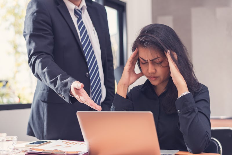 woman employee stressed and feeling frustrated,Secretary suffering from headache under boss pressure
