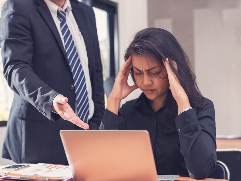 woman employee stressed and feeling frustrated,Secretary suffering from headache under boss pressure