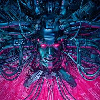 Demon in the machine / 3D illustration of evil science fiction male artificial intelligence hardwire...