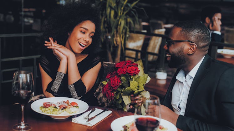 African American Couple Dating in Restaurant. Romantic Couple in Love Dating. Cutel Man and Girl in ...
