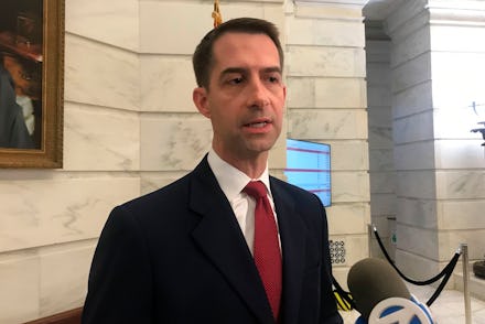 Republican U.S. Sen. Tom Cotton talks to reporters after filing for re-election at the Arkansas stat...