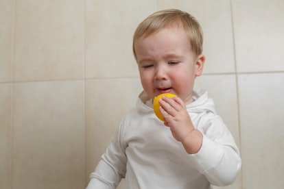 Baby hand holds lemon.
Pretty blond boy eating sour lemon. 
The child bites the lemon
The boy bites ...