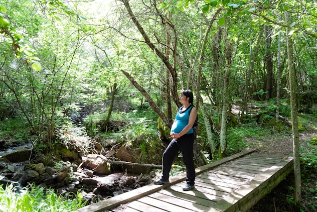Pregnant woman walking outdoors in a forest, give yourself time to heal when breaking up during preg...