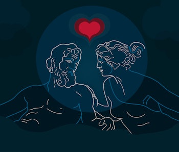 Illustration for Valentines day about relations, love, sex, dispute resolution, quarrel. Ancient Gre...