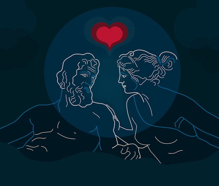 Illustration for Valentines day about relations, love, sex, dispute resolution, quarrel. Ancient Gre...