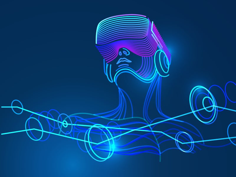 A sketch of a man wearing virtual reality glasses is seen. The lines are neon green, purple, and blu...