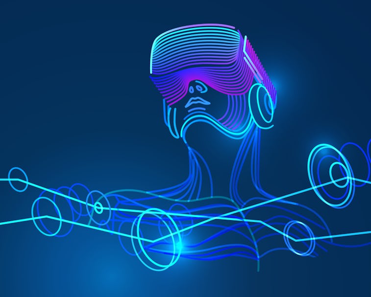 A sketch of a man wearing virtual reality glasses is seen. The lines are neon green, purple, and blu...