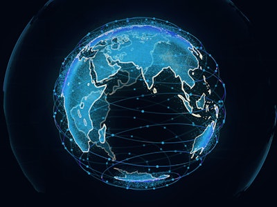 Global network connection the world abstract 3D rendering satellites starlink. satellites create one...