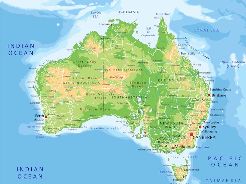High detailed Australia physical map with labeling.