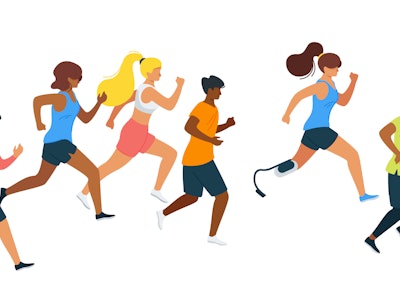 Running people flat vector illustration. Multiracial runners, athletes, sportive men and women carto...