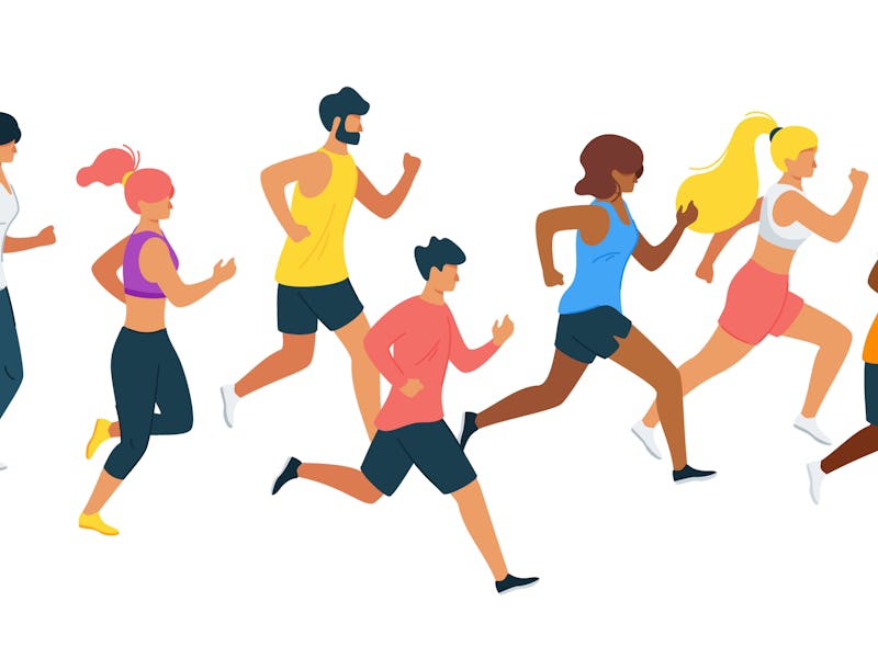 Running people flat vector illustration. Multiracial runners, athletes, sportive men and women carto...