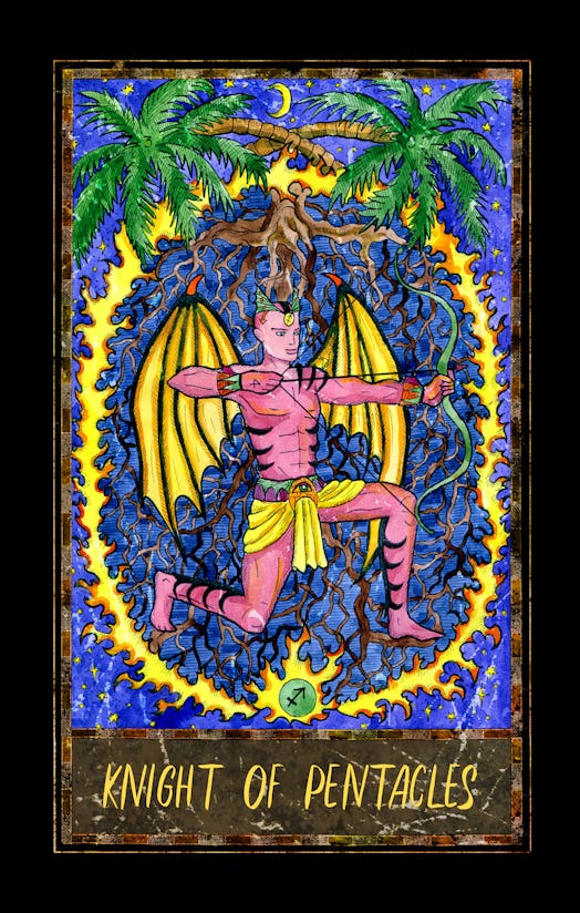 Knight of pentacles. Minor Arcana tarot card. The Magic Gate deck. Fantasy graphic illustration with...