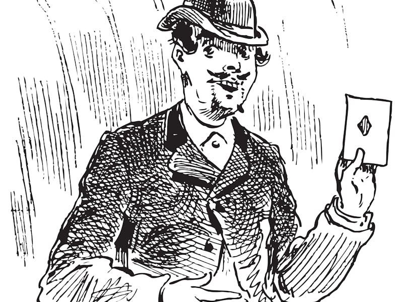 The three card trickster engraving. The three card trick or three card monte is one of the oldest ch...