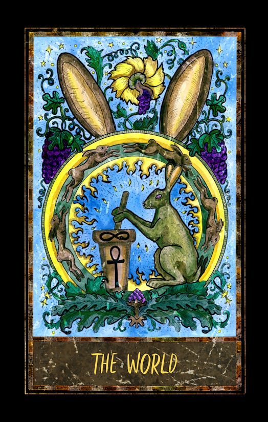 World. Major Arcana tarot card. The Magic Gate deck. Fantasy graphic illustration with occult magic ...
