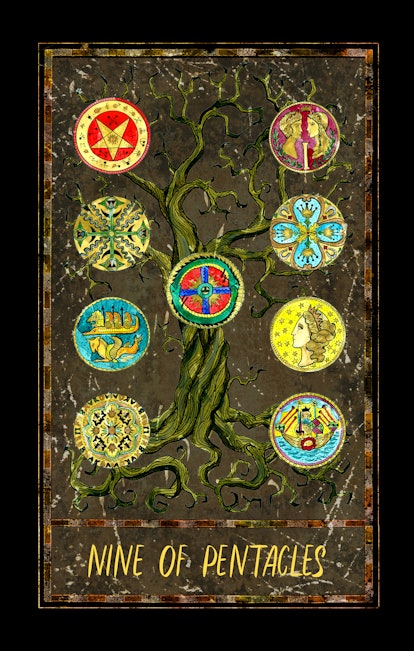 Nine of pentacles. Minor Arcana tarot card. The Magic Gate deck. Fantasy graphic illustration with o...