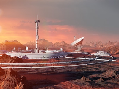station on Mars surface, first martian colony in desert landscape on the red planet (3d space illust...