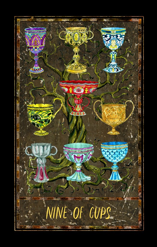 Nine of cups. Minor Arcana tarot card. The Magic Gate deck. Fantasy graphic illustration with occult...