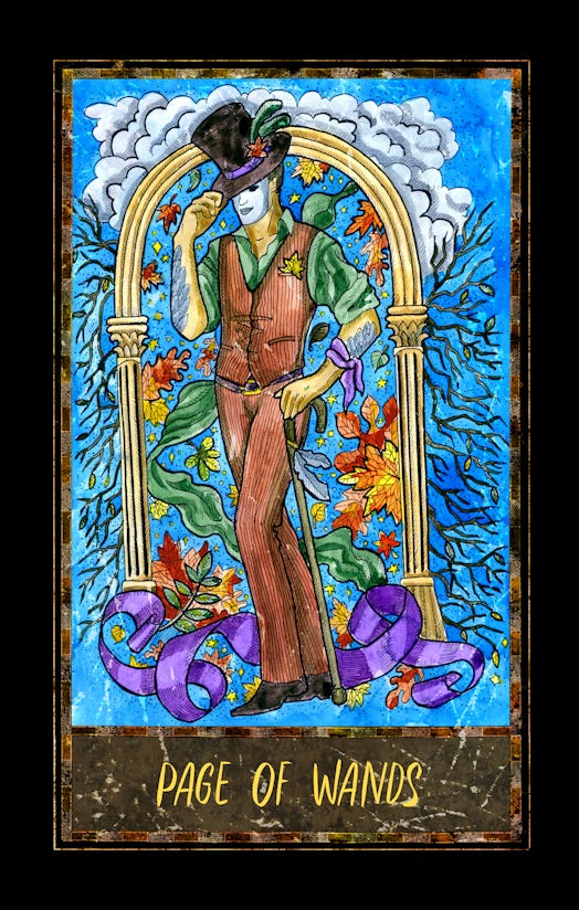 Page of wands. Minor Arcana tarot card. The Magic Gate deck. Fantasy graphic illustration with occul...