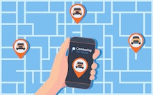 Carsharing service illustration. Abstract urban map with geolocation mark, different cars and smartp...