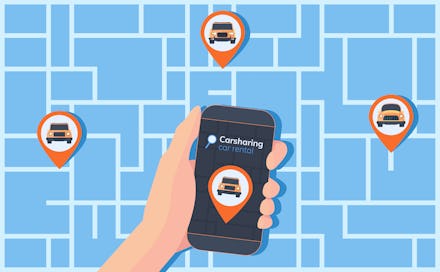 Carsharing service illustration. Abstract urban map with geolocation mark, different cars and smartp...