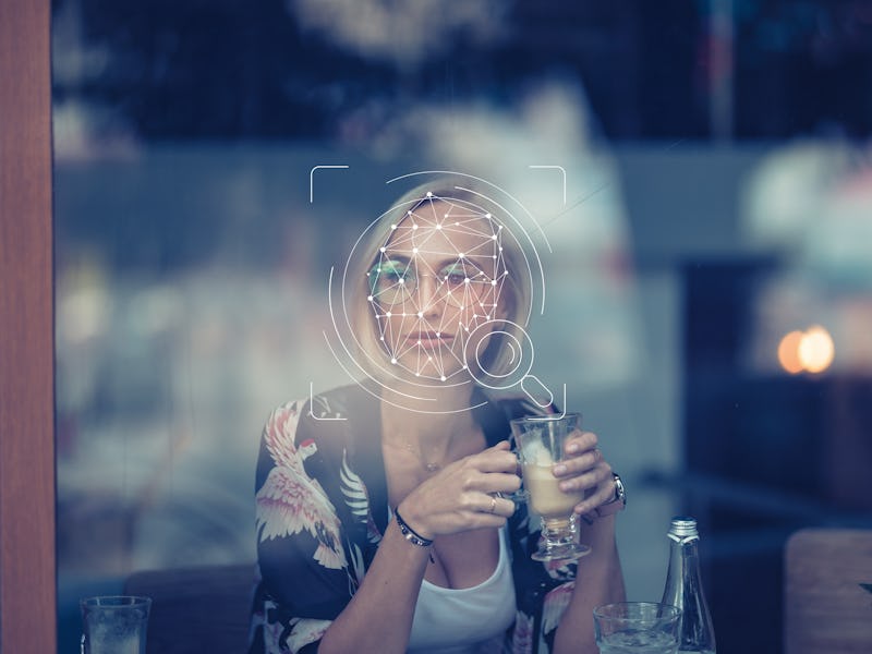 Face ID technology facial recognition use in biometric security for phone or mobile scanning detecti...