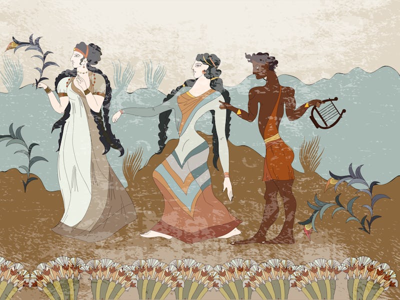 Ancient Greece frescos. Minoan civilization. Jumping bulls and people. Knossos murals mythology. His...