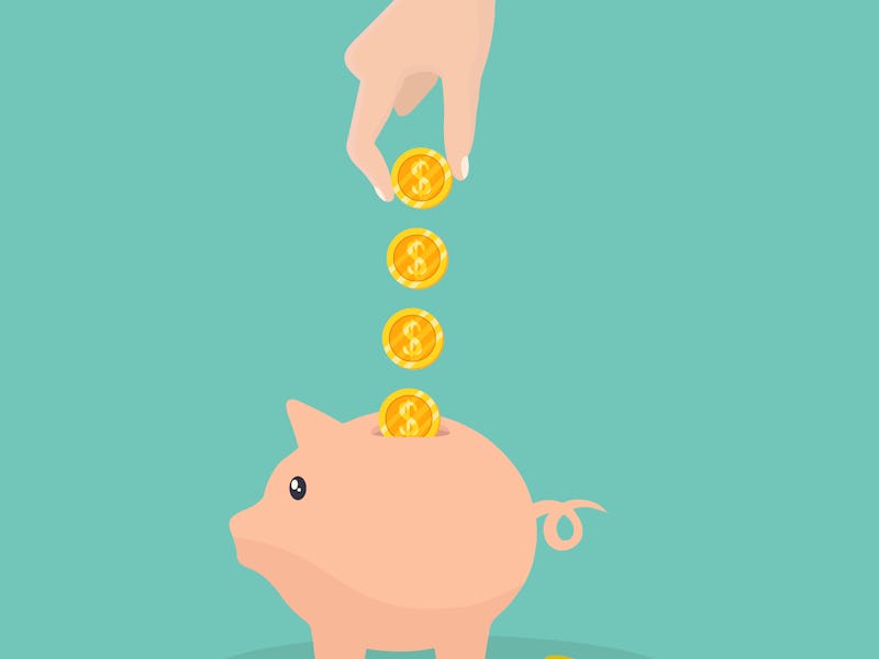 Men's hand puts coins to a pink piggy bank. Earnings, saving and finance concept. Vector illustratio...