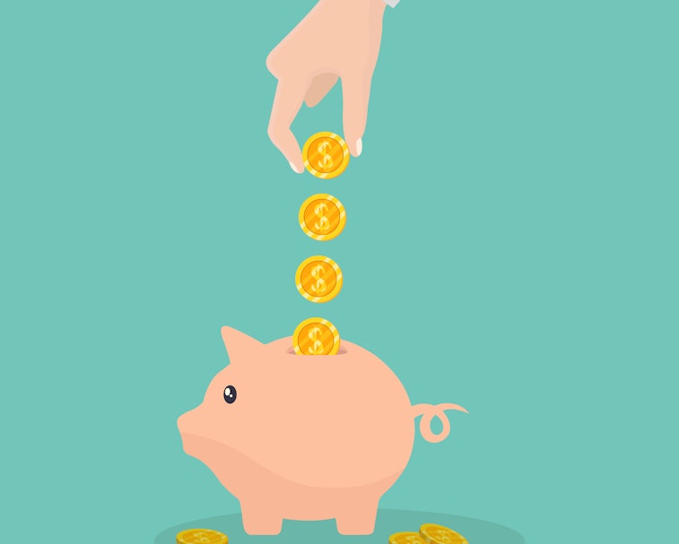 Men's hand puts coins to a pink piggy bank. Earnings, saving and finance concept. Vector illustratio...