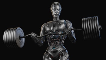 Futuristic robot man working out with barbell. Very strong cyborg lifting heavy weights or training ...