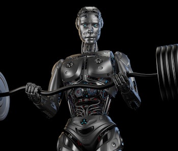 Futuristic robot man working out with barbell. Very strong cyborg lifting heavy weights or training ...