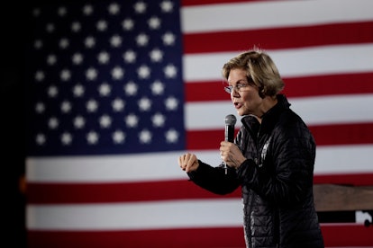 Democratic presidential candidate Sen. Elizabeth Warren, D-Mass., addresses supporters during a town...