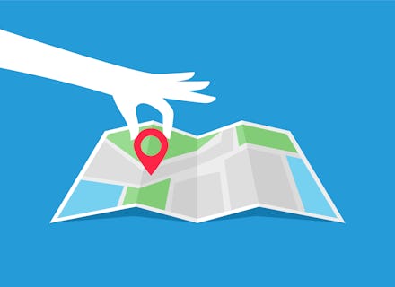 Map icon. Hand holding location pointer. Location pin icon. Flat style. Vector