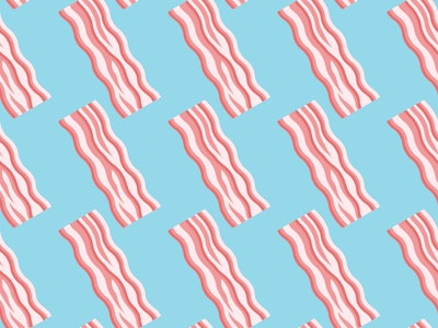 Seamless pattern with bacon strips on blue background. Vector texture.