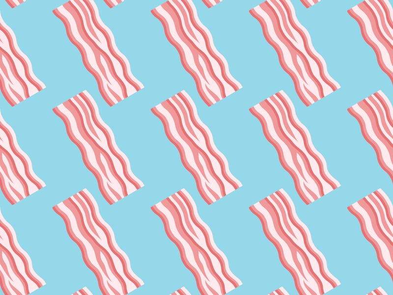 Seamless pattern with bacon strips on blue background. Vector texture.