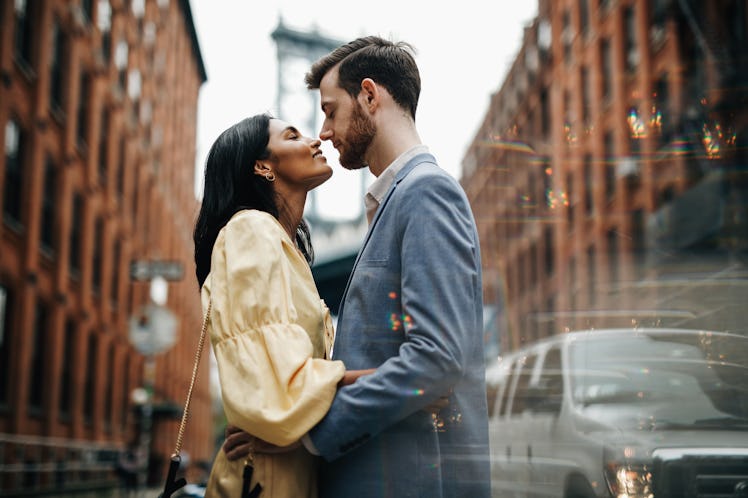 A couple shares a romantic moment in Brooklyn on Valentine's Day.