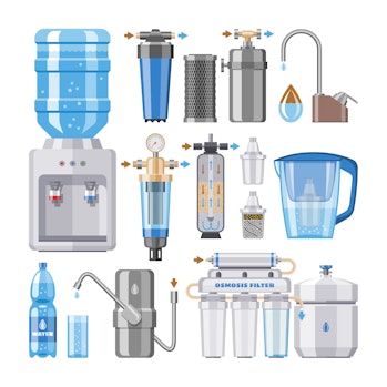 Water filter vector filtering clean drink in bottle and filtered or purified liquid illustration set...