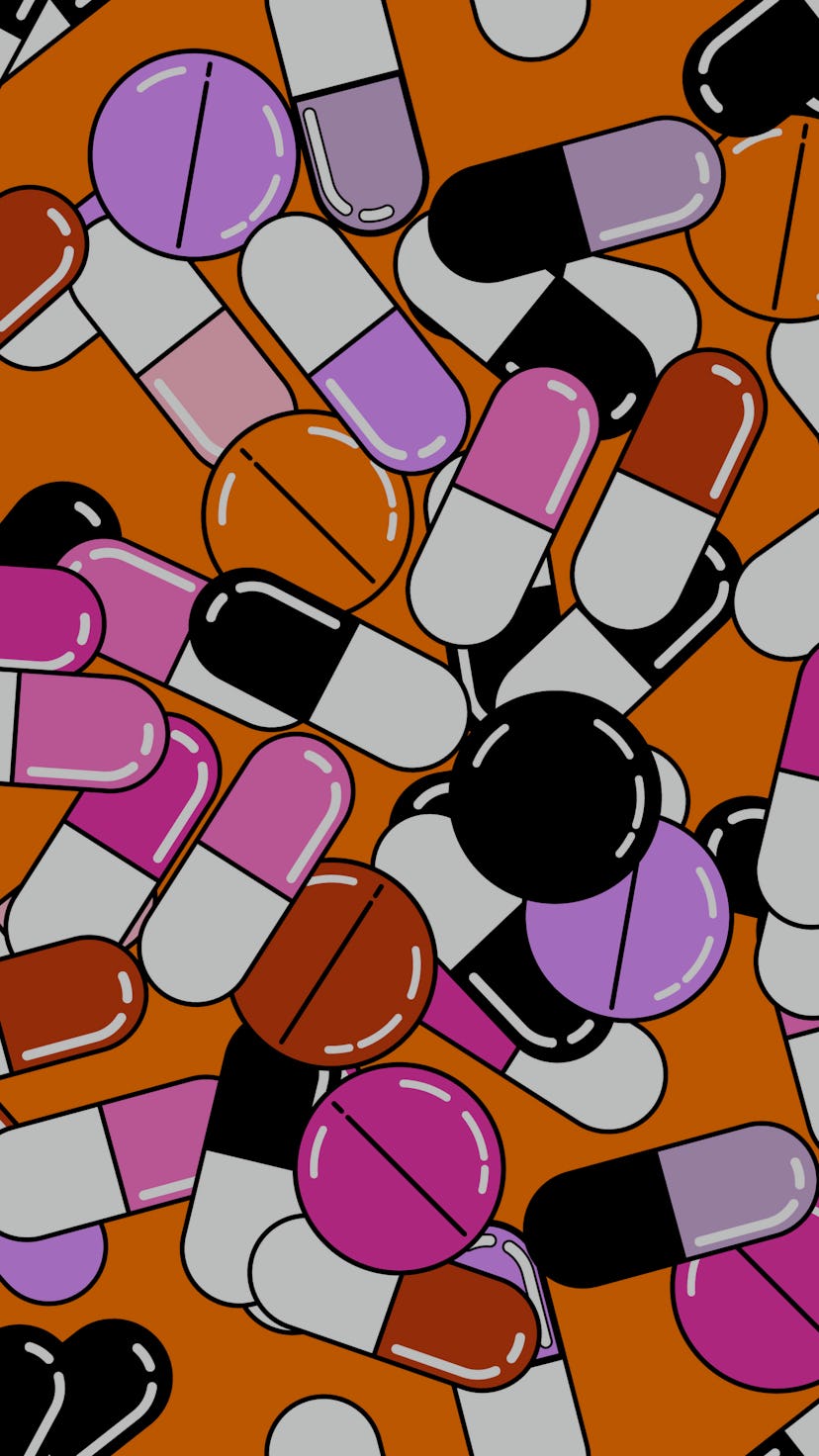 Seamless vector pattern with colorful medical pills in vaporwave cartoon 80s-90s style.