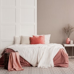 Orange pillows on white king size bed in fashionable female bedroom