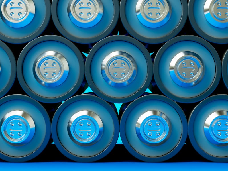 3D render of many lithium cell batteries. Storage of glossy rechargeable accumulators.