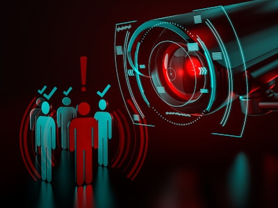 Giant camera checkes group of people as a metaphor of AI-driven (artificial intelligence) surveillan...